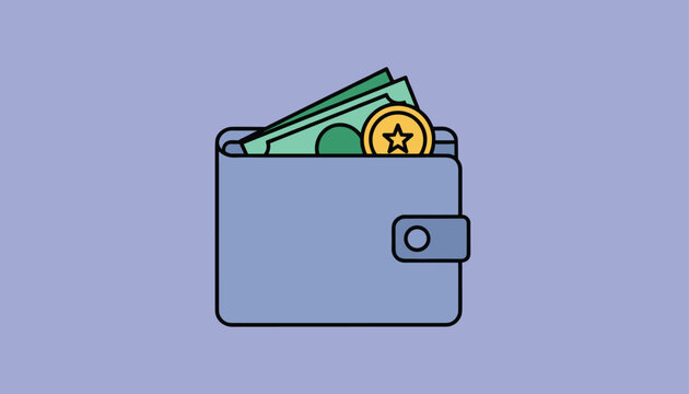 Vector icon of a simple blue wallet with green paper money and a single golden coin with a star inside.