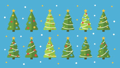 Obraz premium Collection of twelve various decorated green Christmas tree icons arranged on a blue background with snowflakes.