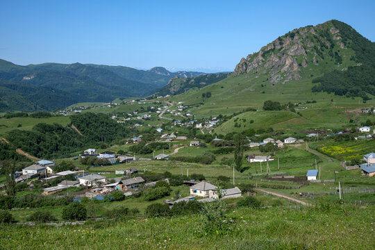 Verkhnyaya Mara village in a mountain landscape. Karachay-Cherkess Republic, Russia
