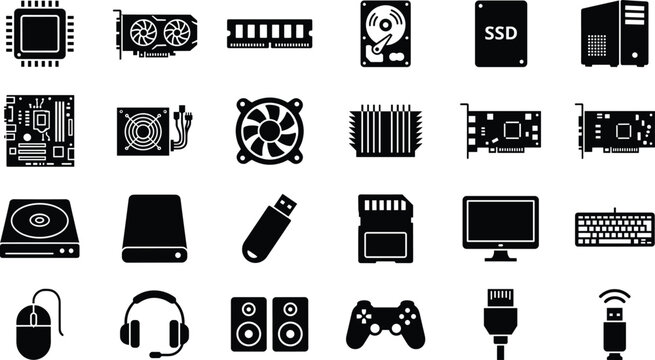 Computer hardware parts and desktop components black solid glyph icon set vector featuring processor motherboard graphics card and storage drives,