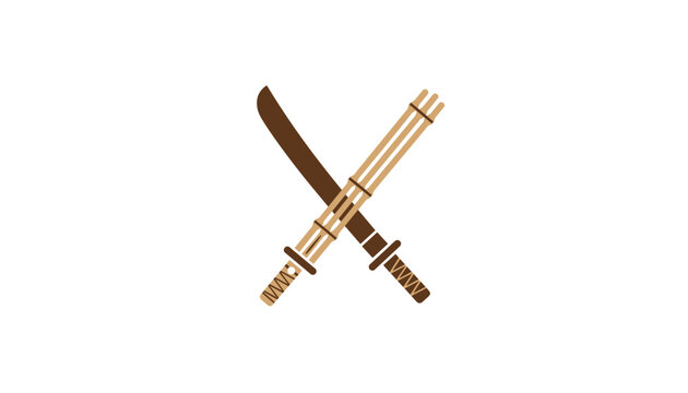 Crossed kendo bamboo shinai sword and traditional metal katana sword representing Japanese martial arts design.