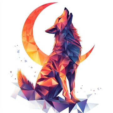 Colorful Polygonal Wolf Howling at the Moon in Abstract Art Style