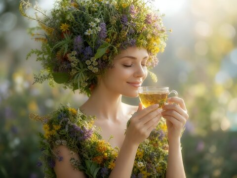 Benessere, salute fisica e mentale: dieta vegetariana: giovane donna che assapora una tisana con erbe officinali  fiori e naturali