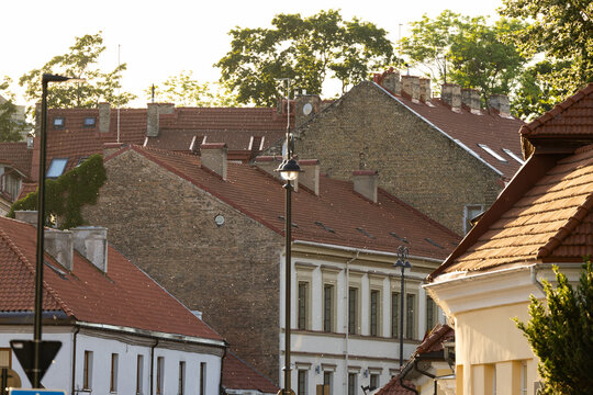 Red tile roofs of historic buildings in Old Town Vilnius Lithuania