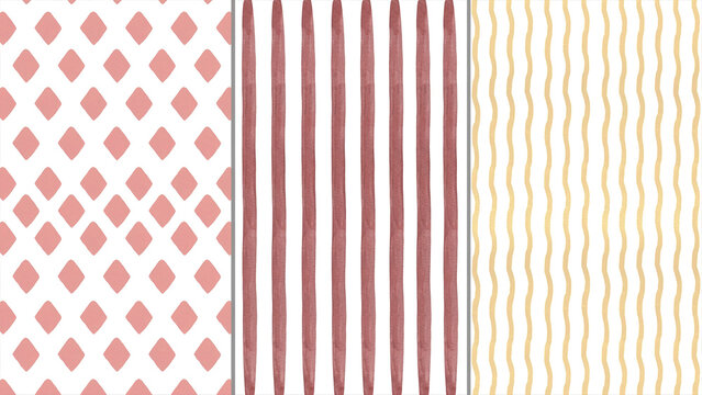 Watercolor seamless patterns set. Hand painted abstract textures with stripes and diamonds.