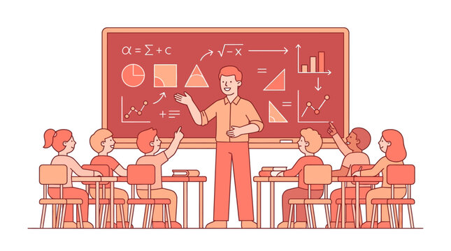 Teacher Explaining Mathematics and Geometry to Students in Classroom Vector Illustration