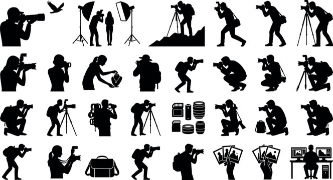 Set of photographer silhouettes, vector icons of people taking pictures with professional cameras, tripods, lighting equipment and accessories