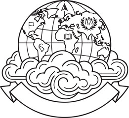 Fototapeta premium Globe earth emblem with clouds and blank banner