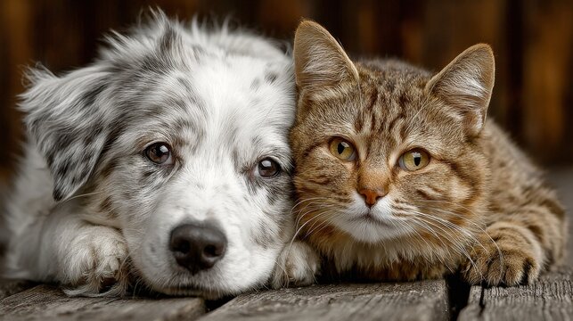 A close-up shot captures a fluffy merle puppy and a brown tabby cat resting side-by-side on weathered wooden planks, their heads.
