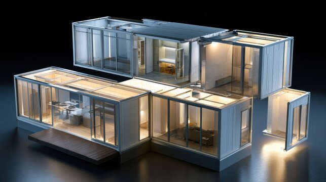 A modular house with modules floating in assembly order. The dark studio backdrop enhances the 3d renders details and structure.