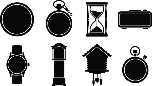 Vector Clocks, Watches, and Timepiece Black Silhouette Icons Set for Time Management Design