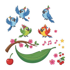 Obraz premium an adorable cartoon vector set featuring cute colorful parrots, including blue, green, and red birds, along with tropical tree branches, hibiscus flowers, leaves, cherries, and musical notes.