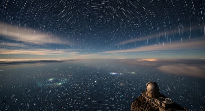 Star trails over landscape observatory