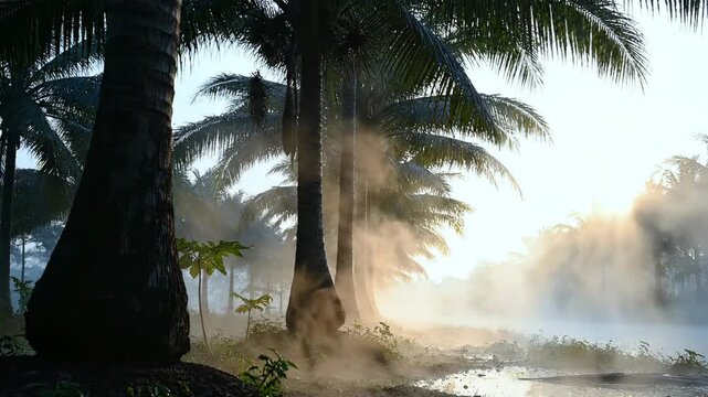 Misty Palm Grove with Golden Sunbeams at Sunrise 4K Video