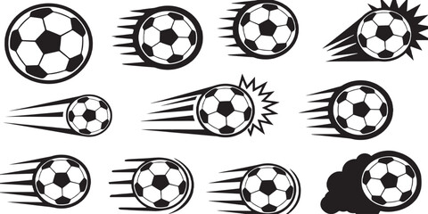 Soccer ball motion trails and shooting dynamic speed impact icons graphic set vector illustration background. © Song Long