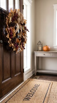 Autumn wreath decorating a wooden front door, seasonal welcome, Thanksgiving home decor, fall curb appeal and festive entrance styling.