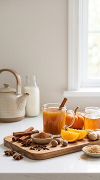 Pumpkin spice ingredients and autumn beverages arranged in a cozy kitchen, seasonal baking, family recipes and harvest entertaining.
