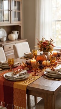 Elegant Thanksgiving dining table with pumpkins, candles and autumn place settings, family gathering, harvest celebration and seasonal entertaining.
