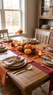 Elegant Thanksgiving dining table with pumpkins, candles and autumn place settings, family gathering, harvest celebration and seasonal entertaining.