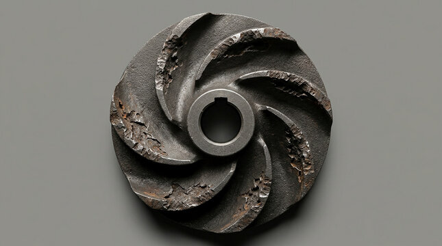 Cast iron pump impeller with severe jagged cavitation pitting