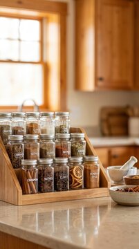 Wooden spice rack filled with labeled spice jars for organized kitchen storage, home cooking and culinary preparation.