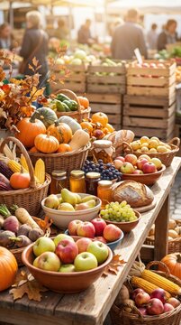 Autumn farmers market with fresh local produce for seasonal grocery shopping, healthy family meals, harvest cooking and community retail.