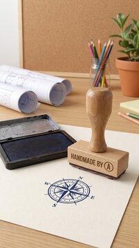 Rubber stamps and ink pad on an office desk for business branding, document approval, administrative work and handmade correspondence.