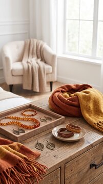 Autumn jewelry and accessories arranged on a wooden dressing table, seasonal fashion styling, boutique display and personal wardrobe inspiration.