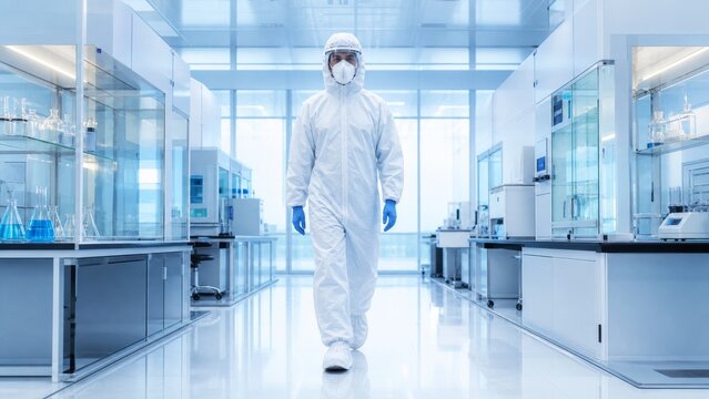 A scientist in protective gear walks through a modern laboratory filled with glass equipment and a sterile environment.