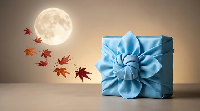 Blue fabric gift wrap with traditional knotting beside floating autumn maple leaves and a full moon