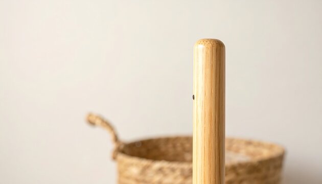 Wooden handle or dowel with wicker basket in background