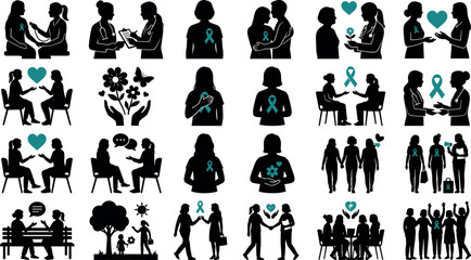 Obraz premium Set of icons related to mental health awareness, support, and therapy, featuring teal ribbons and people interacting in various settings