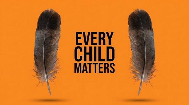 Every Child Matters text with two dark feathers on orange background for indigenous awareness concept design