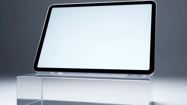 Modern tablet with blank screen on acrylic block