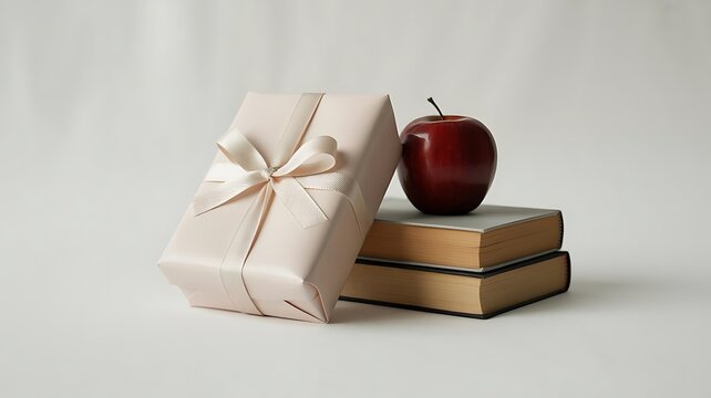 A gift box wrapped in light pink paper with a satin ribbon bow placed beside two stacked hardcover books topped with a fresh red apple fruit
