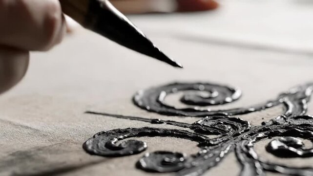 Calligraphy Brush Painting Black Ink Ornament on Canvas Close Up 4K Video