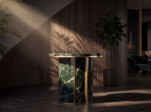 Luxury dark emerald green marble round side table with brass gold metal details on dark wood slatted wall and herringbone floor background for high-end product display mockup.