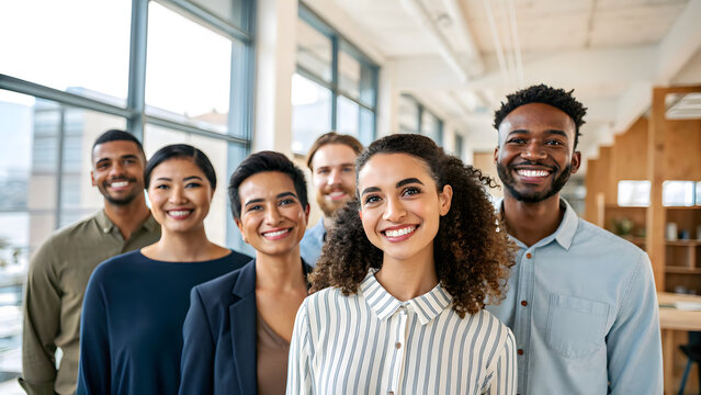 Diverse group of professional young adults. Happy business team standing in modern office.