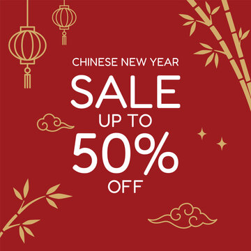 Chinese New Year Sale Banner. Gold lanterns, bamboo and clouds on red background
