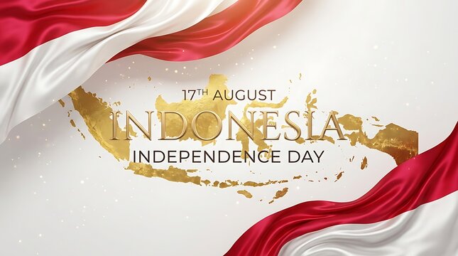 Indonesia Independence Day celebration background with red and white silk fabric and golden map of the nation