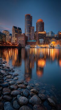Urban skyline illuminated at dusk with reflections in water set against a rocky foreground background, highlighting modern.