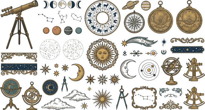 Vintage astronomy vector element set with antique telescope zodiac signs astrolabe moon phases sun and celestial star charts