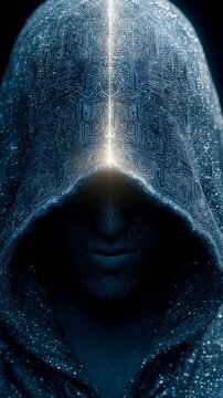 A mysterious hooded figure with circuitry patterns glows in the background, suggesting hidden digital identity.