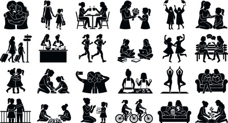 Obraz premium Set of mother and daughter icons, silhouettes of mom and child doing various daily activities together
