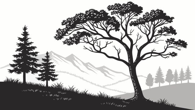 Set of Vector Tree Silhouettes with Bare Oak Branches for Winter Forest Landscape Nature Illustration Collection