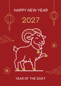 Chinese New Year 2027 greeting card with outline goat or ram character. Traditional Asian clouds and lantern elements on red background.