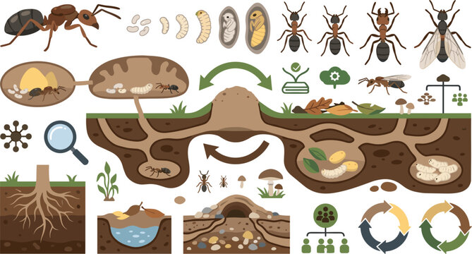 Ant life cycle and colony hierarchy vector element set with underground nest tunnels queen worker larvae pupa and insect biology diagram