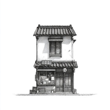 Simple black and white line drawing of a small Japanese two-story shop in manga ink sketch style, featuring clean lines and traditional architecture isolated on a plain background. 