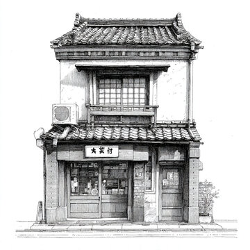 Simple black and white line drawing of a small Japanese two-story shop in manga ink sketch style, featuring clean lines and traditional architecture isolated on a plain background. 
