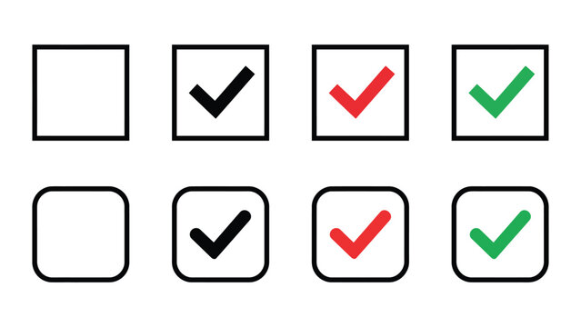 Set of checklist squares with various black green and red checkmark styles